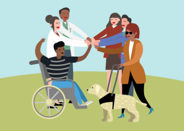 Decorative image of people with disability and healthcare staff working together